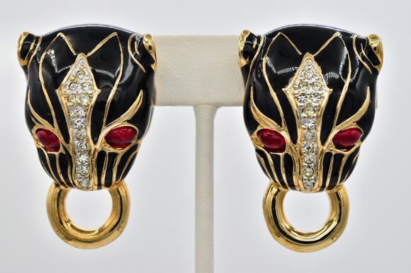 Unbranded Jewelry - Vintage NOS Panther Head Clip On Earrings Red Cabochon Black Enamel 1980s A28